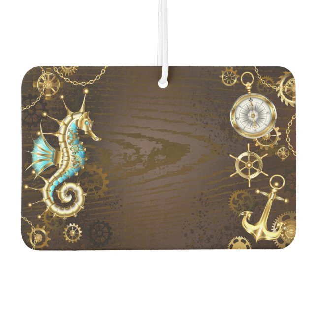 Wooden Background with Mechanical Seahorse Car Air Freshener (Front)