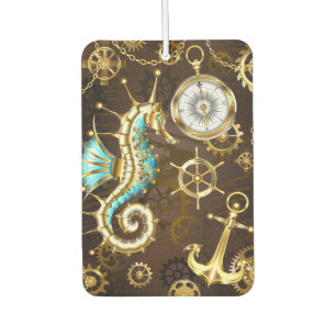 Wooden Background with Mechanical Seahorse Car Air Freshener