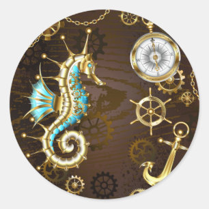 Wooden Background with Mechanical Seahorse Classic Round Sticker