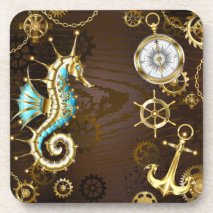 Wooden Background with Mechanical Seahorse Coaster