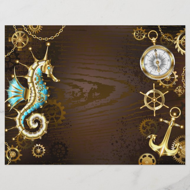 Wooden Background with Mechanical Seahorse Custom Letterhead (Front)