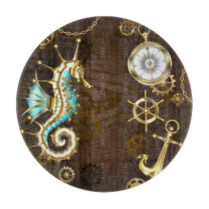 Wooden Background with Mechanical Seahorse Cutting Board