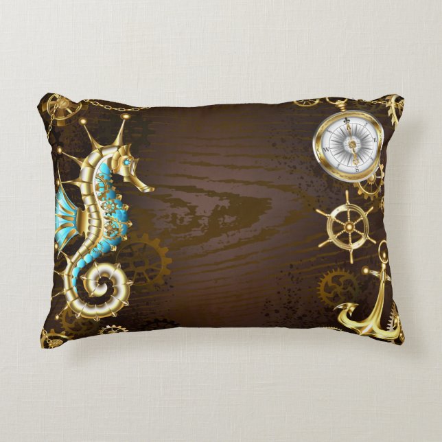 Wooden Background with Mechanical Seahorse Decorative Cushion (Front)