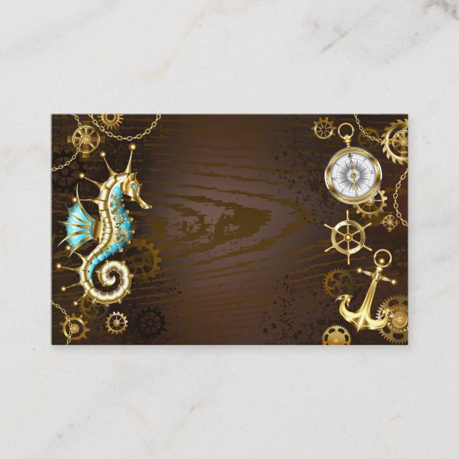 Wooden Background with Mechanical Seahorse Discount Card (Front)