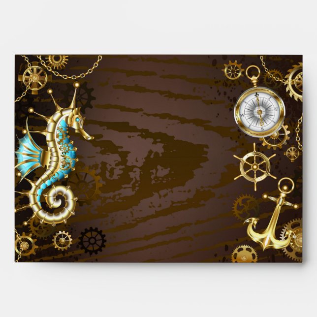 Wooden Background with Mechanical Seahorse Envelope (Front)