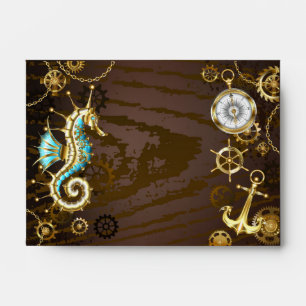 Wooden Background with Mechanical Seahorse Envelope
