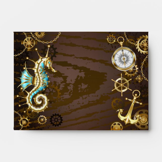 Wooden Background with Mechanical Seahorse Envelope (Front)