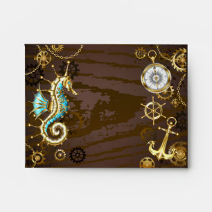 Wooden Background with Mechanical Seahorse Envelope