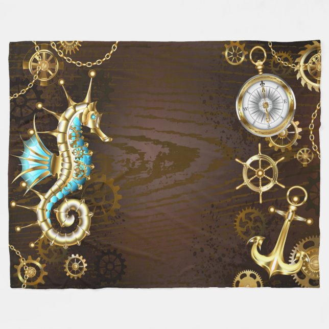 Wooden Background with Mechanical Seahorse Fleece Blanket (Front (Horizontal))