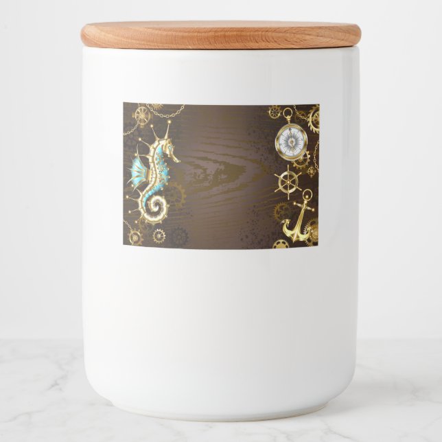 Wooden Background with Mechanical Seahorse Food Label (Front)