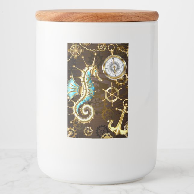 Wooden Background with Mechanical Seahorse Food Label (Front)