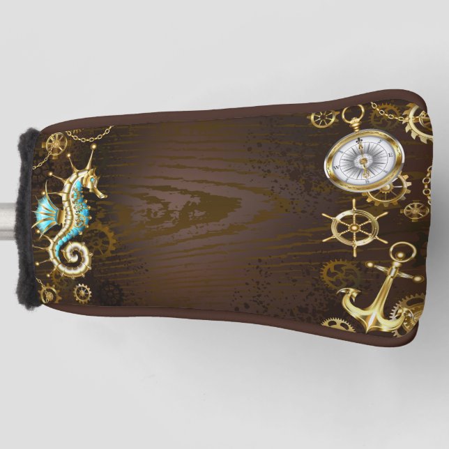 Wooden Background with Mechanical Seahorse Golf Head Cover (Front)