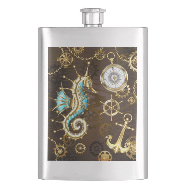 Wooden Background with Mechanical Seahorse Hip Flask (Front)