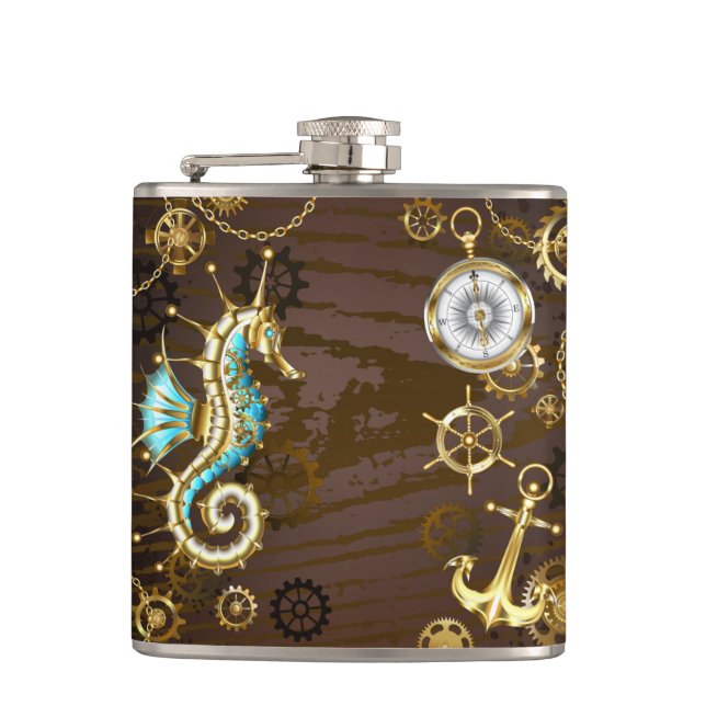 Wooden Background with Mechanical Seahorse Hip Flask (Front)