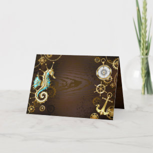 Wooden Background with Mechanical Seahorse Holiday Card