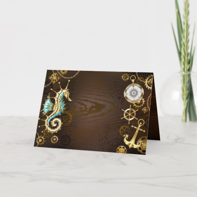 Wooden Background with Mechanical Seahorse Holiday Card (Front)