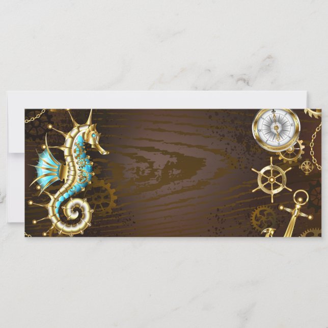 Wooden Background with Mechanical Seahorse Holiday Card (Front)