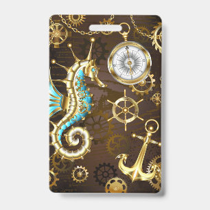 Wooden Background with Mechanical Seahorse ID Badge