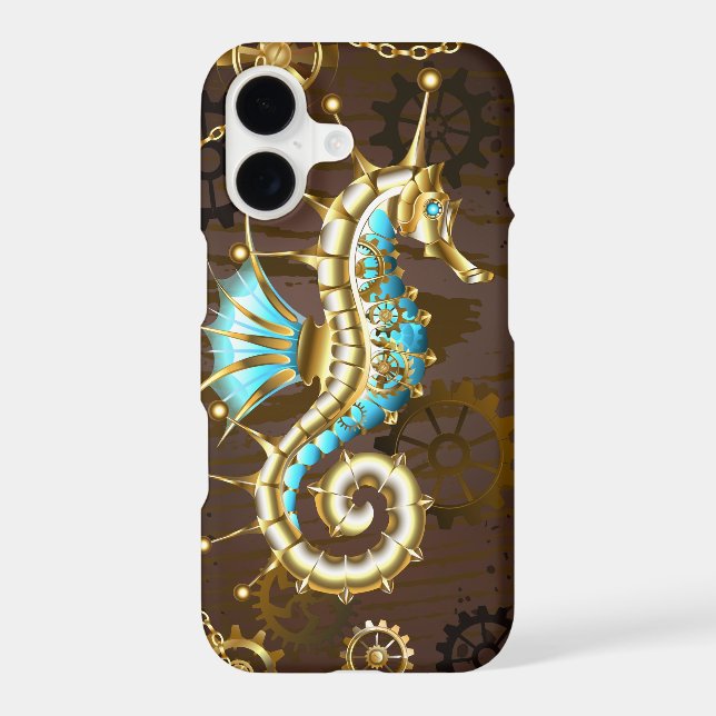 Wooden Background with Mechanical Seahorse iPhone Case (Back)