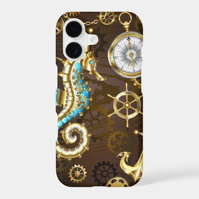 Wooden Background with Mechanical Seahorse iPhone Case (Back)