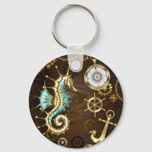 Wooden Background with Mechanical Seahorse Key Ring