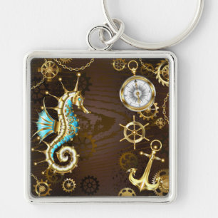 Wooden Background with Mechanical Seahorse Key Ring