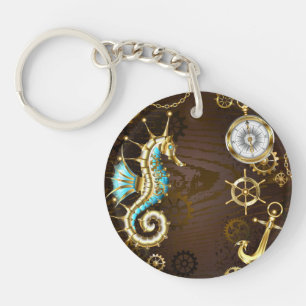 Wooden Background with Mechanical Seahorse Key Ring