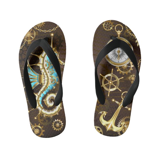 Wooden Background with Mechanical Seahorse Kid's Jandals (Footbed)