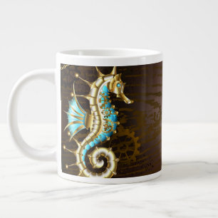 Wooden Background with Mechanical Seahorse Large Coffee Mug