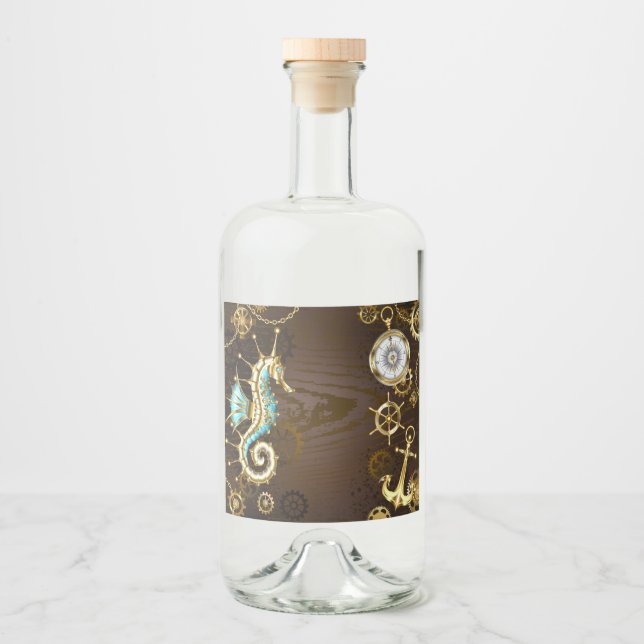 Wooden Background with Mechanical Seahorse Liquor Bottle Label (Front)