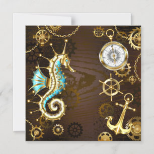 Wooden Background with Mechanical Seahorse Magnetic Invitation