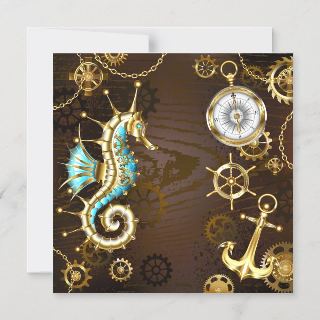 Wooden Background with Mechanical Seahorse Magnetic Invitation (Front)