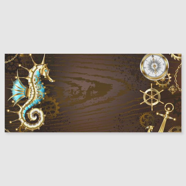 Wooden Background with Mechanical Seahorse Magnetic Invitation (Front)