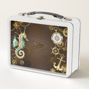 Wooden Background with Mechanical Seahorse Metal Lunch Box