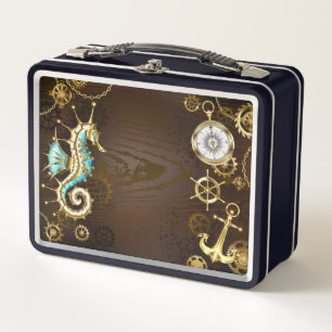 Wooden Background with Mechanical Seahorse Metal Lunch Box