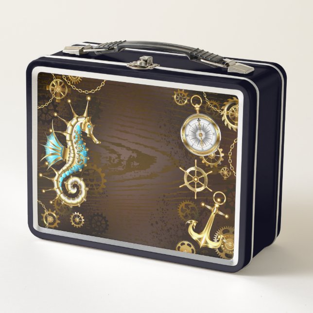 Wooden Background with Mechanical Seahorse Metal Lunch Box (Front)