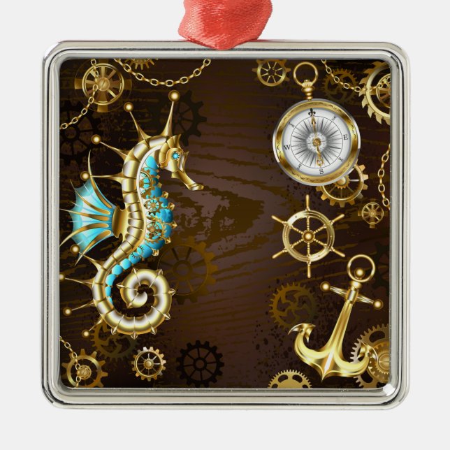 Wooden Background with Mechanical Seahorse Metal Tree Decoration (Front)