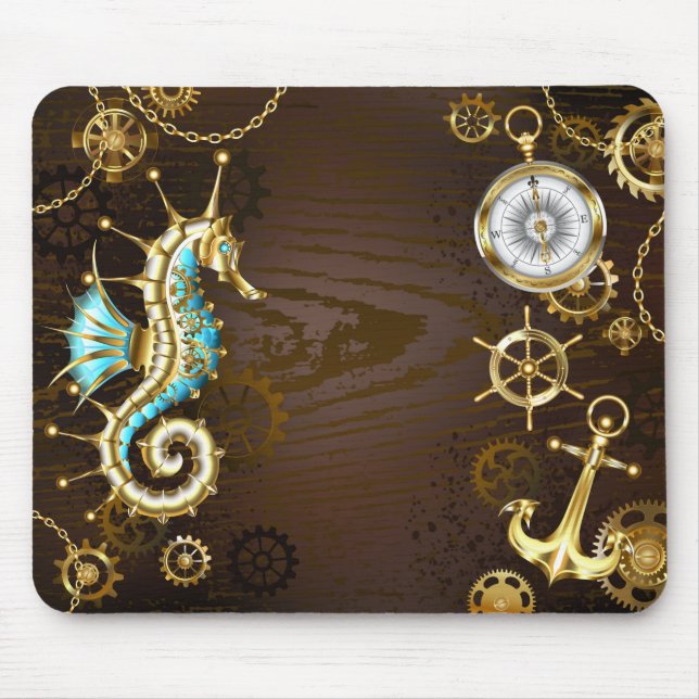 Wooden Background with Mechanical Seahorse Mouse Pad (Front)