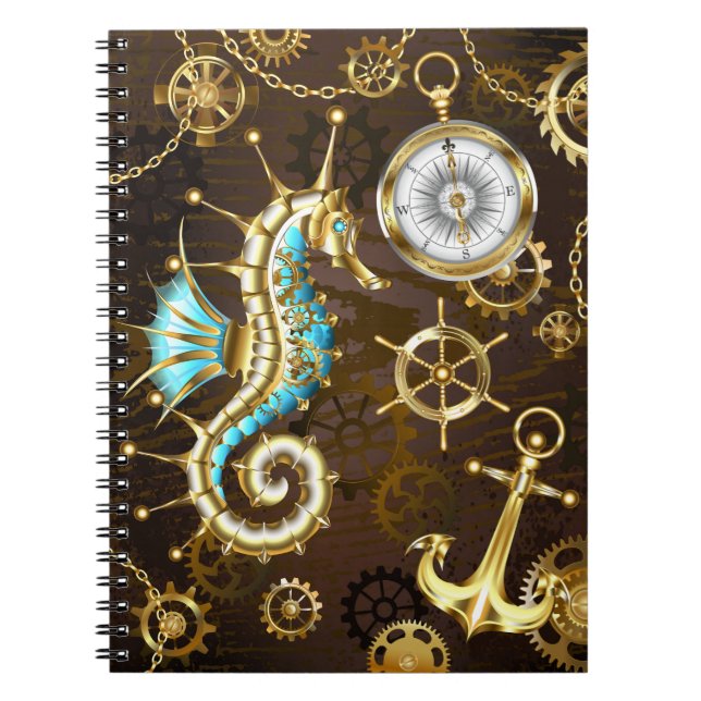 Wooden Background with Mechanical Seahorse Notebook (Front)