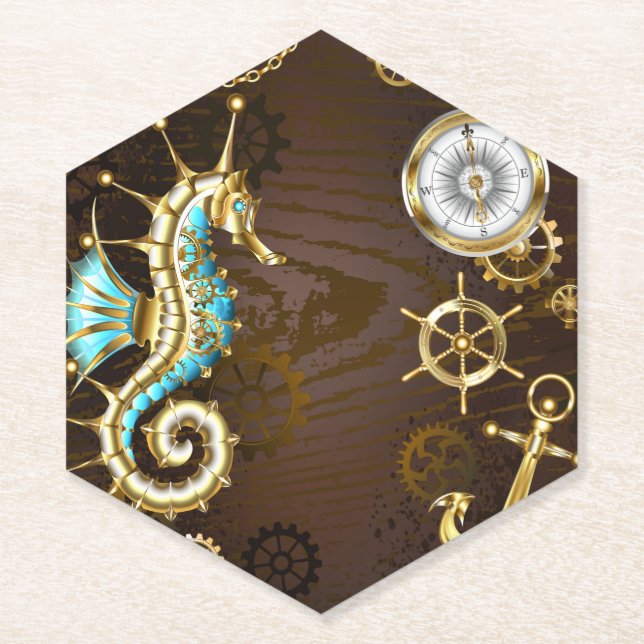 Wooden Background with Mechanical Seahorse Paper Coaster (Front)