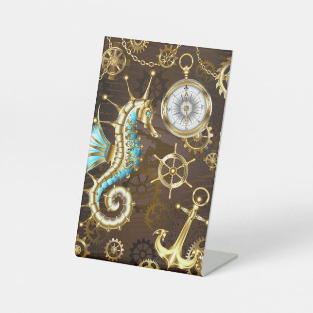 Wooden Background with Mechanical Seahorse Pedestal Sign (Front)