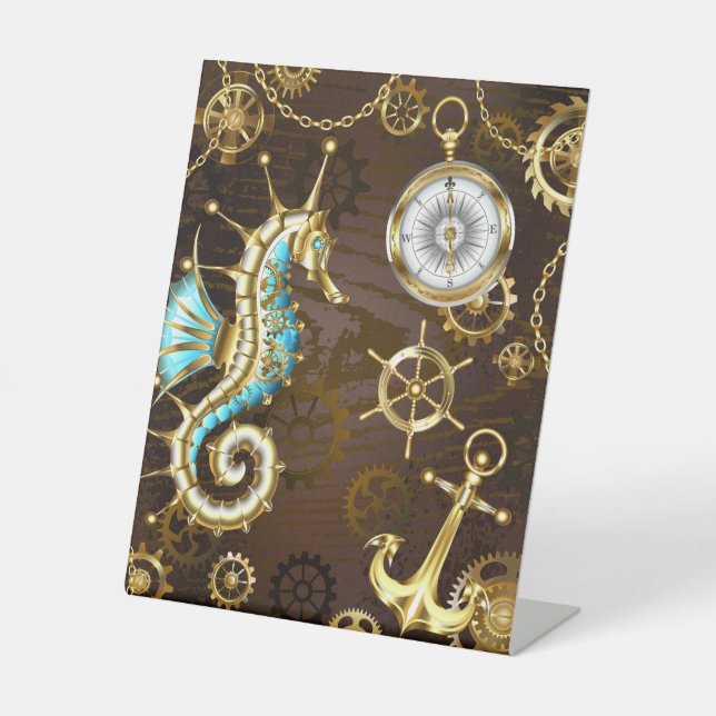 Wooden Background with Mechanical Seahorse Pedestal Sign (Front)