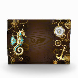 Wooden Background with Mechanical Seahorse Photo Block