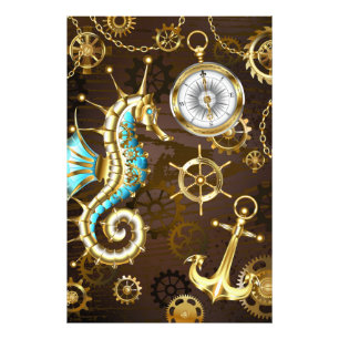 Wooden Background with Mechanical Seahorse Photo Print