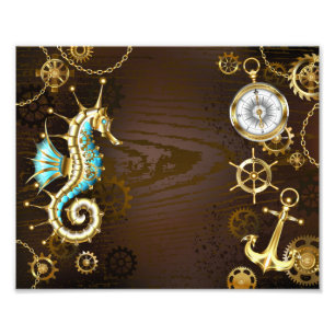 Wooden Background with Mechanical Seahorse Photo Print