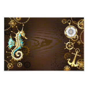 Wooden Background with Mechanical Seahorse Photo Print