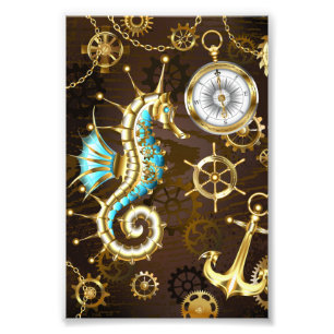 Wooden Background with Mechanical Seahorse Photo Print