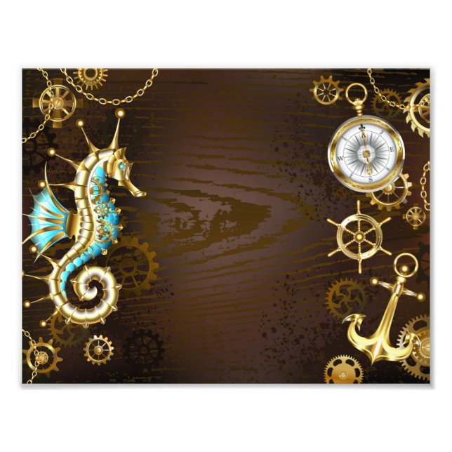 Wooden Background with Mechanical Seahorse Photo Print (Front)