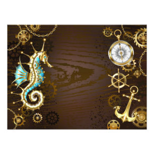 Wooden Background with Mechanical Seahorse Photo Print
