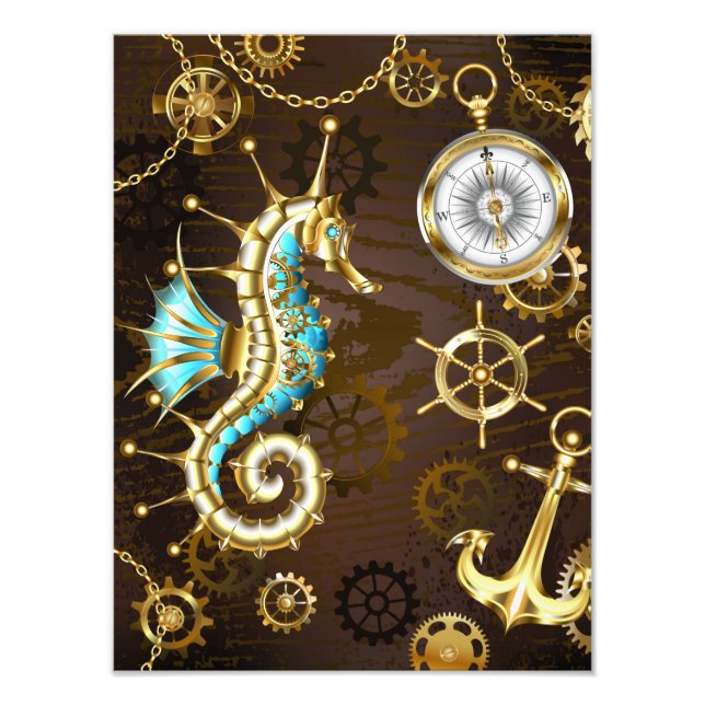 Wooden Background with Mechanical Seahorse Photo Print (Front)